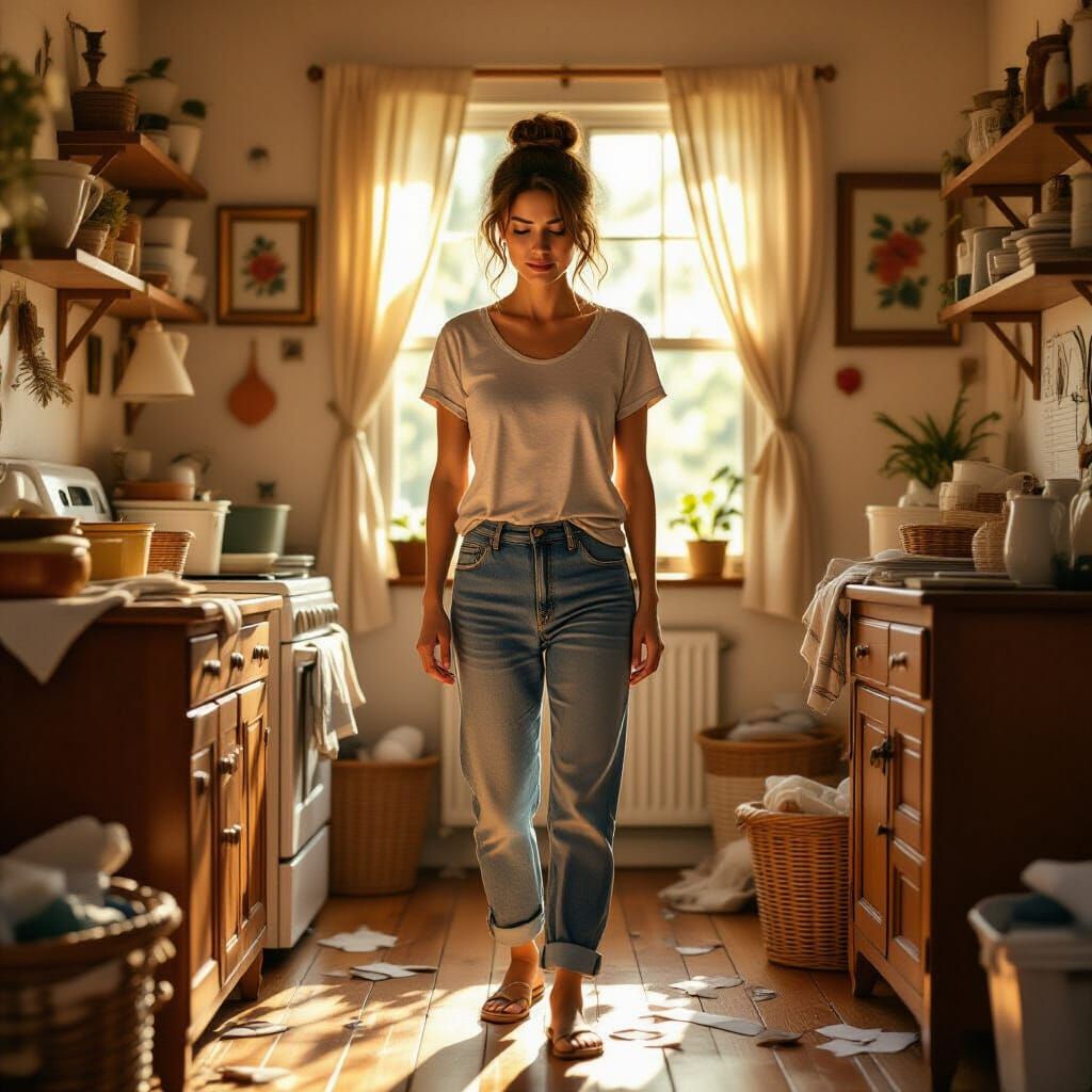 Weary Mom in Golden Light, Emotional Realism