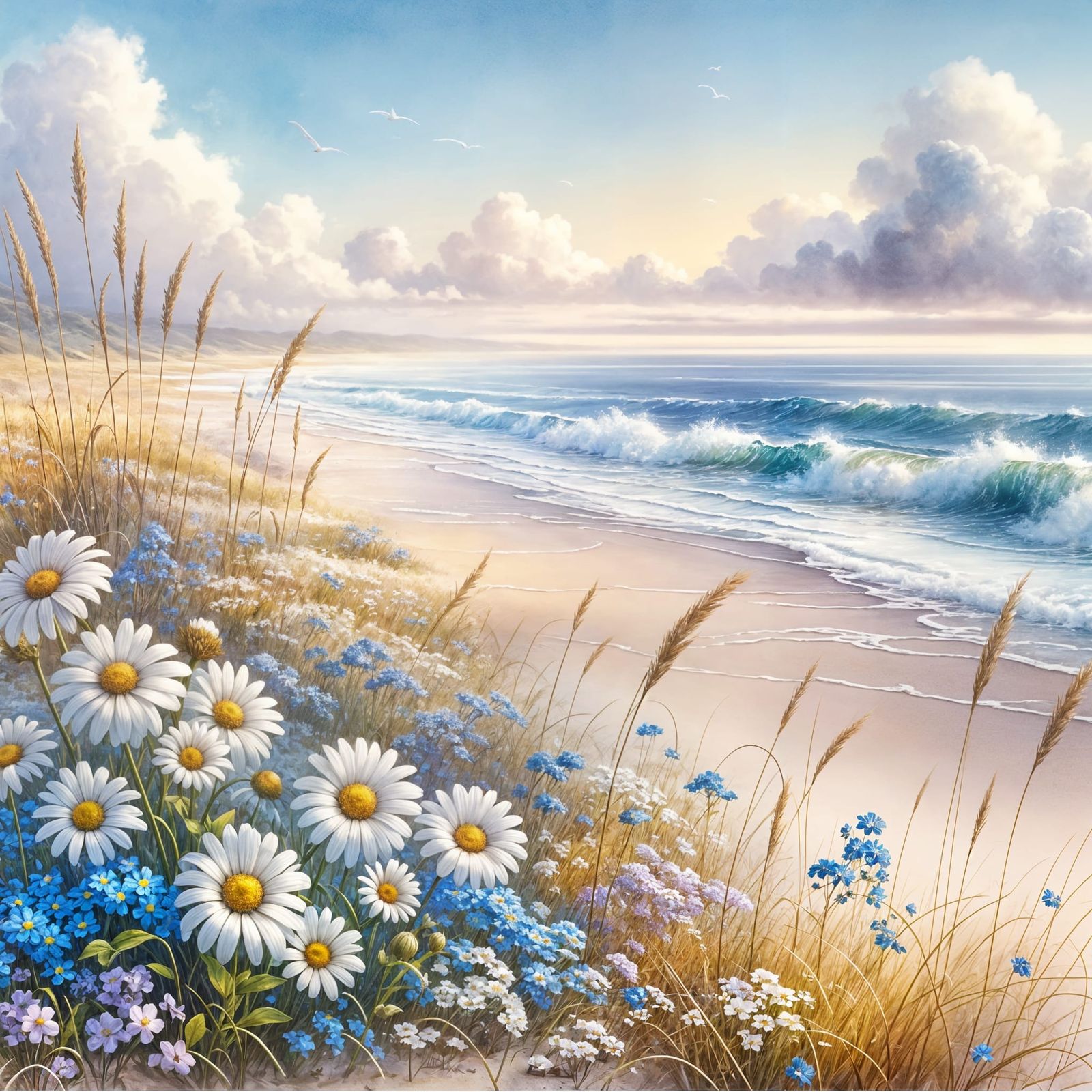 Watercolor Coastal Scene with Wildflowers and Gentle Waves