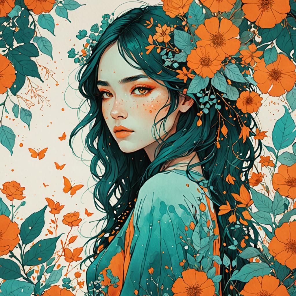 Ethereal Botanical Illustration in Orange and Teal