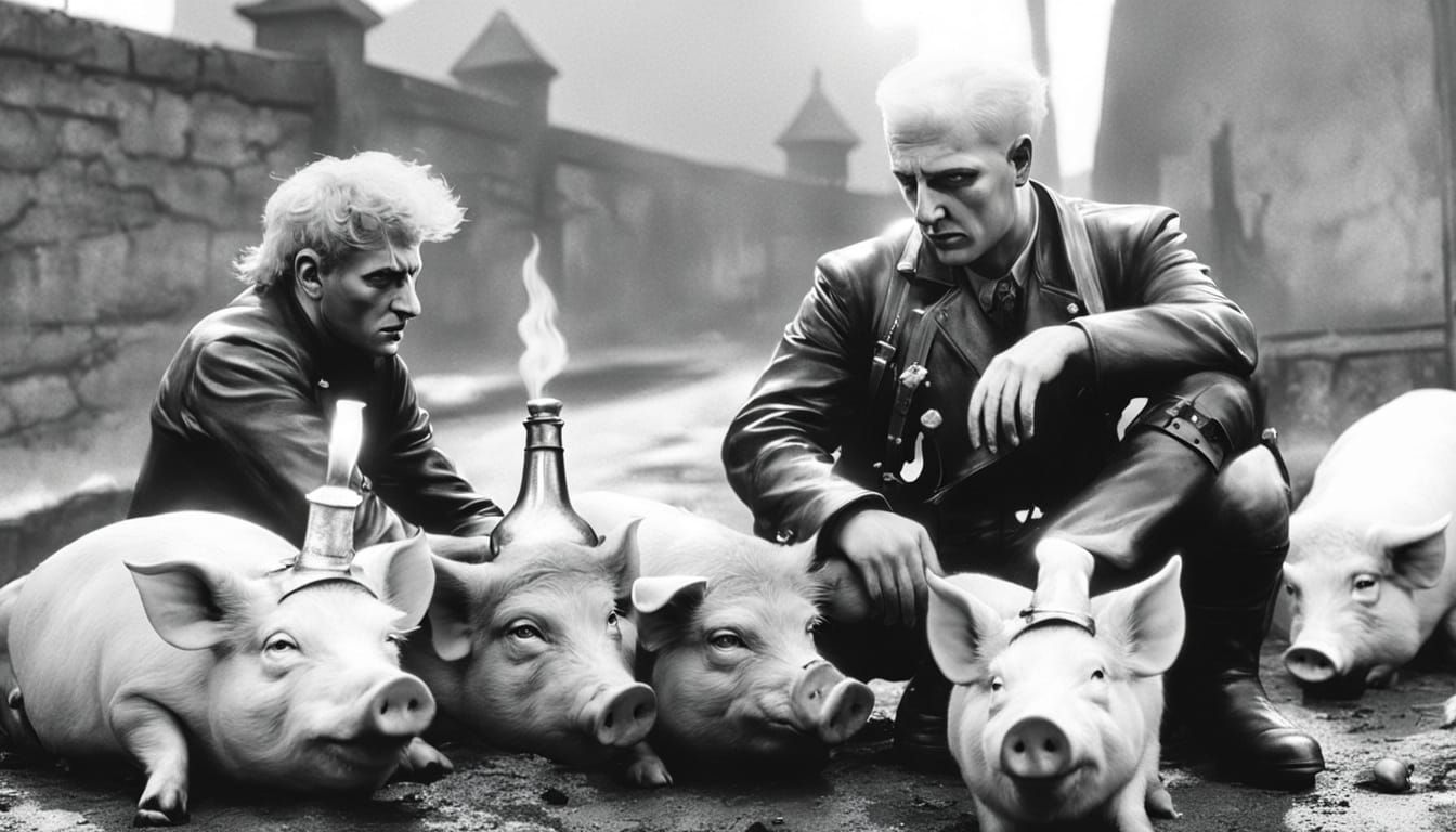 Satan Surrounded by Pigs in Dark Fantasy Style