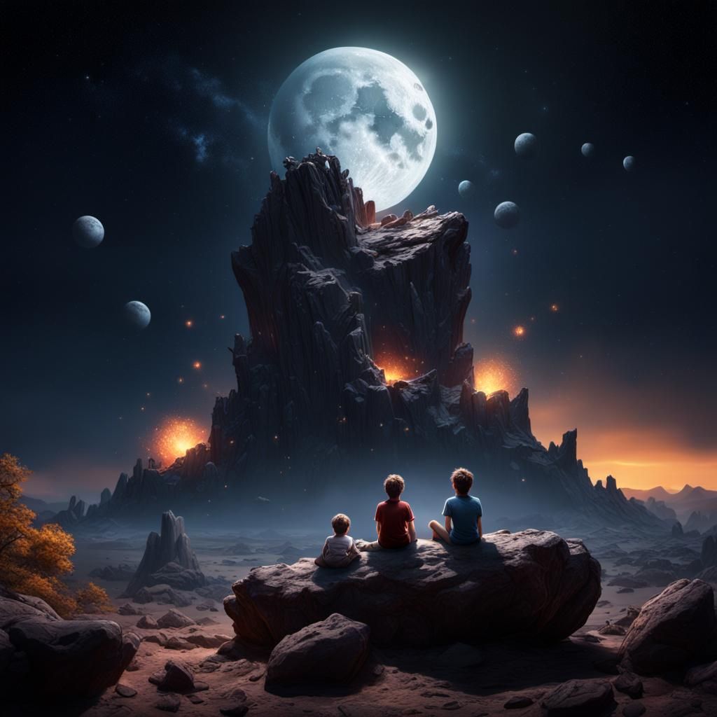 Kids Watching Exploding Moon in Night Sky