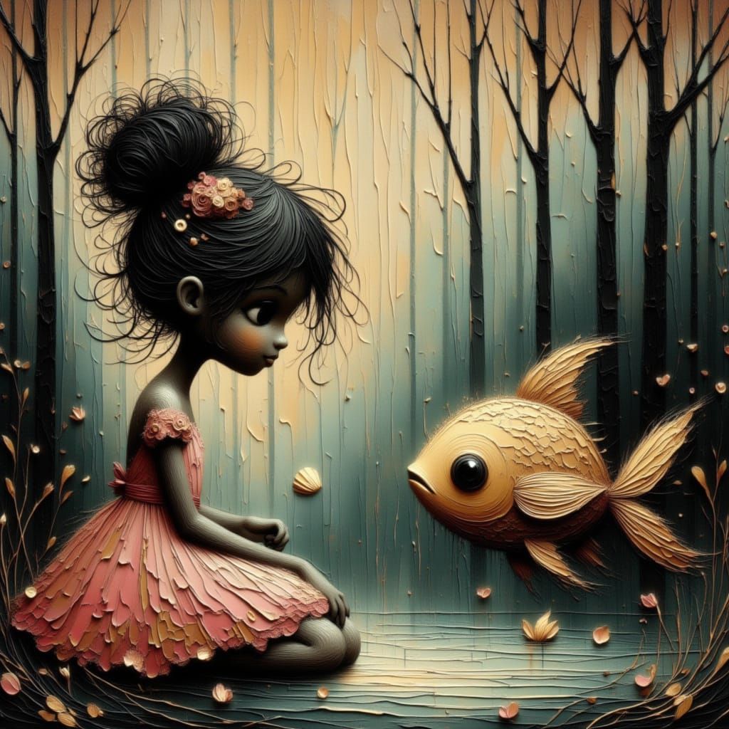 Girl and Golden Fish in Dreamlike Forest