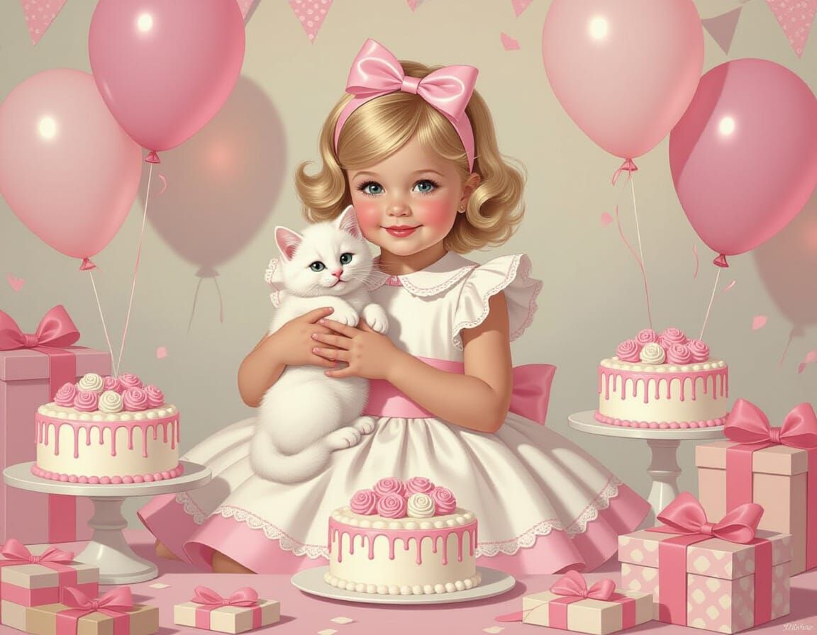 Whimsical Birthday with Kitten in Pin-Up Style