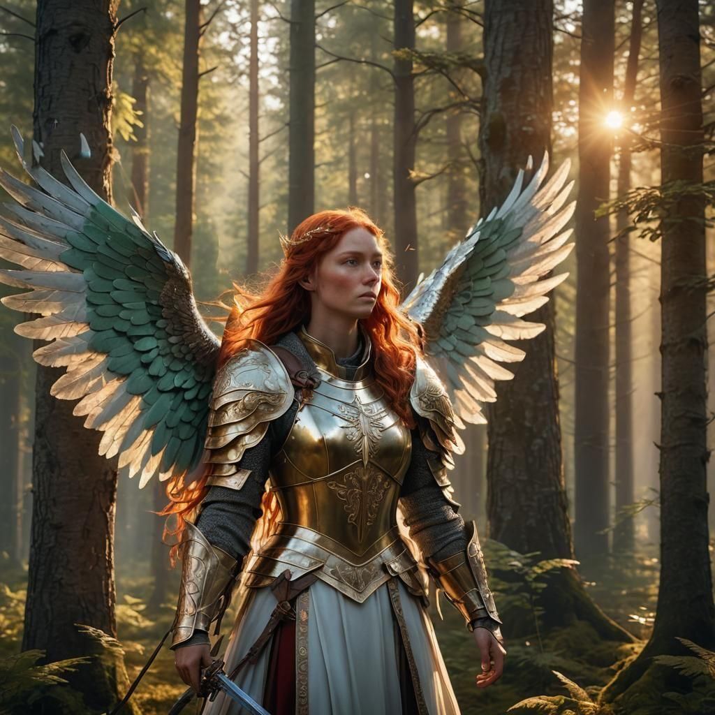 Angelic Crusader in Nordic Forest: Hyperrealistic Digital Ar...