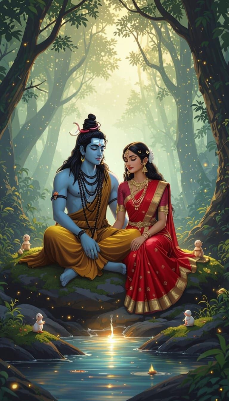 Enchanted Forest Scene with Shiva and Parvati