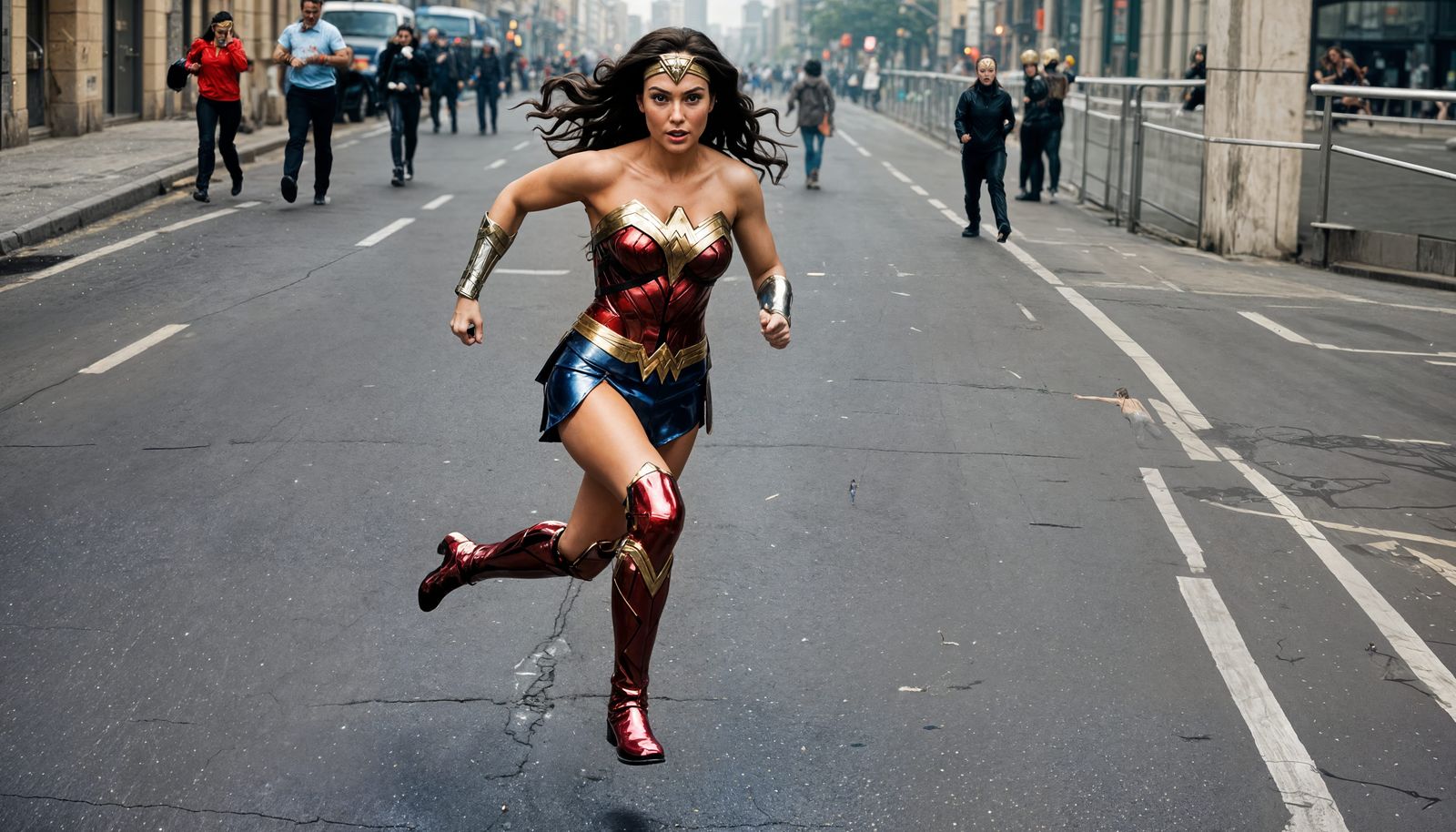 Wonder Woman in Latex Suit Running in City