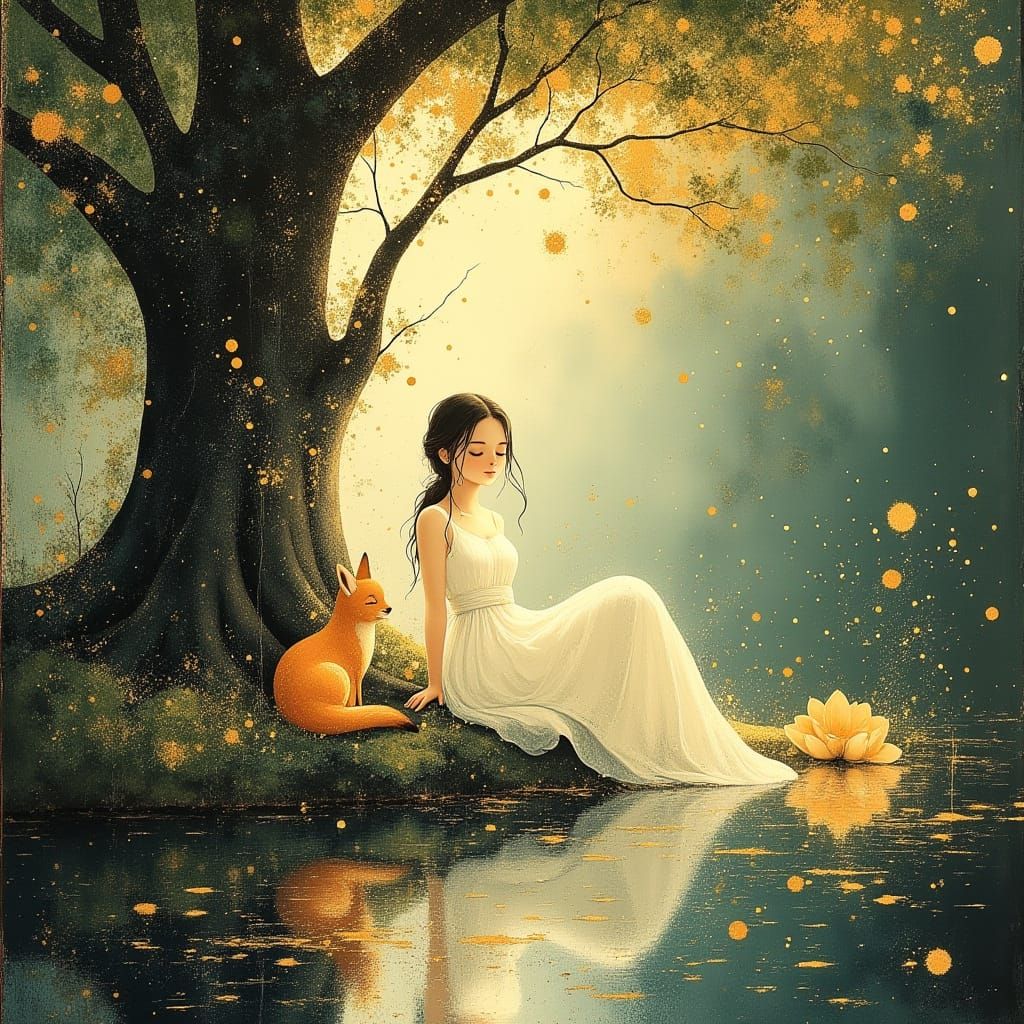 Serene Garden Sanctuary with Woman and Fox