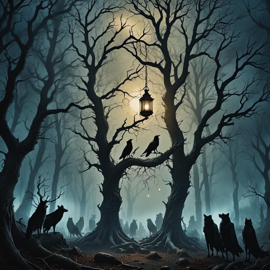 Wolves and Ravens in Dark Forest: Fantasy Art