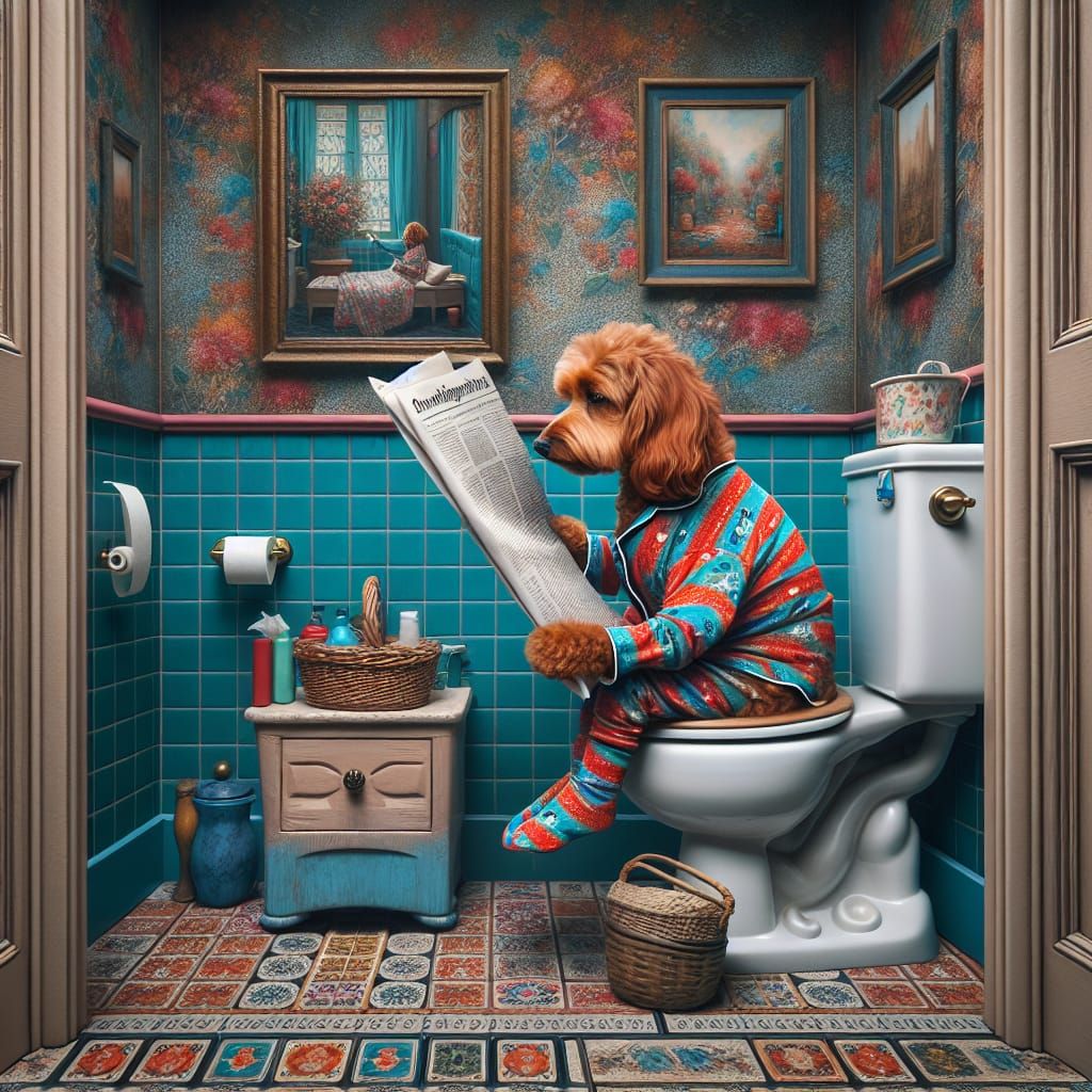 Whimsical Cavapoo Reading on Toilet: Matte Painting