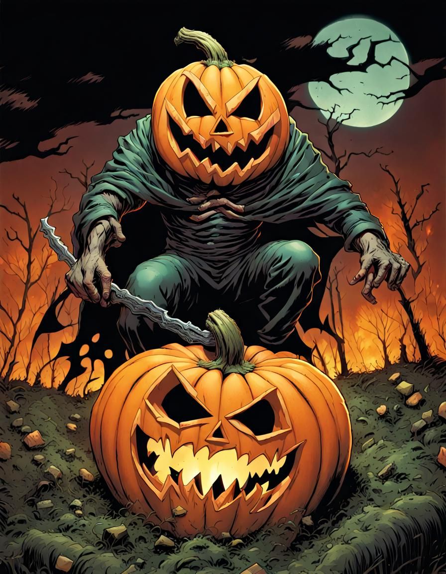 Evil Glowing Jack-o-Lantern Character in Comic Book Art