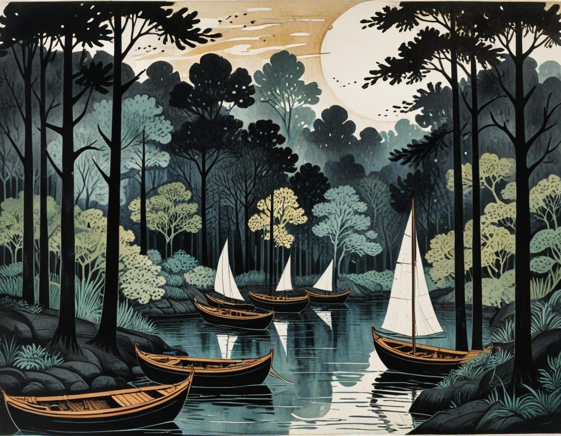 Boats and Trees: Abstract Woodcut with Watercolor