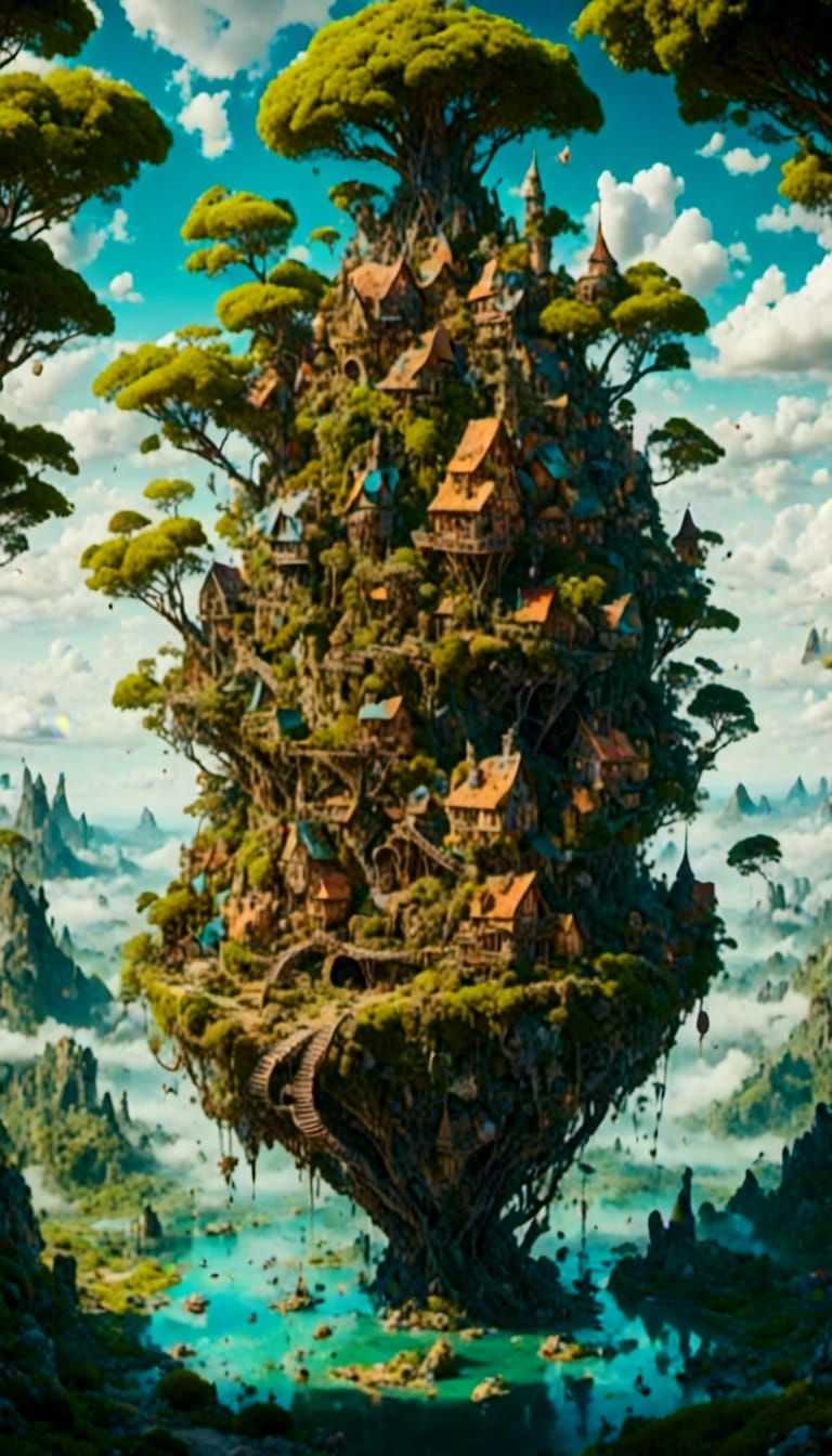 Cosmic World Tree House in Abstract Nightscape