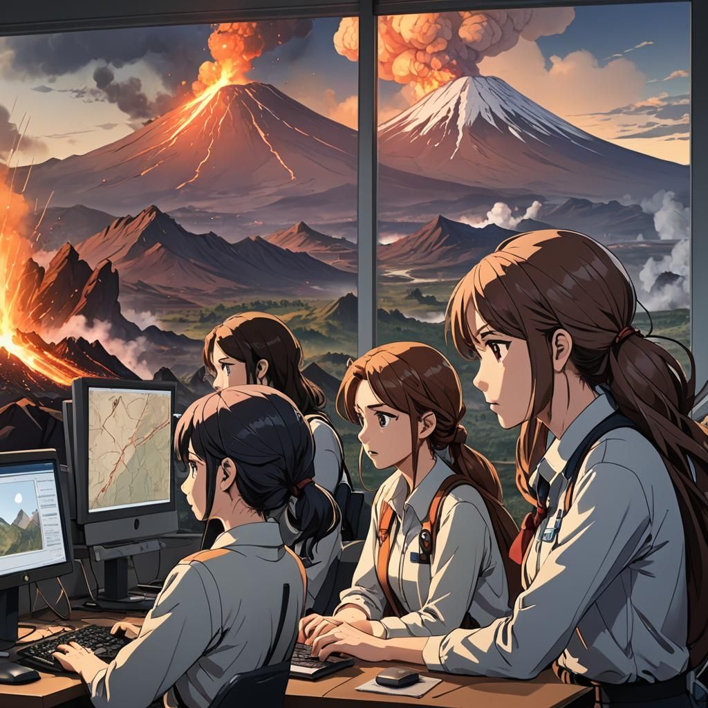 Worried Geologists Observe Erupting Volcano in Anime Style