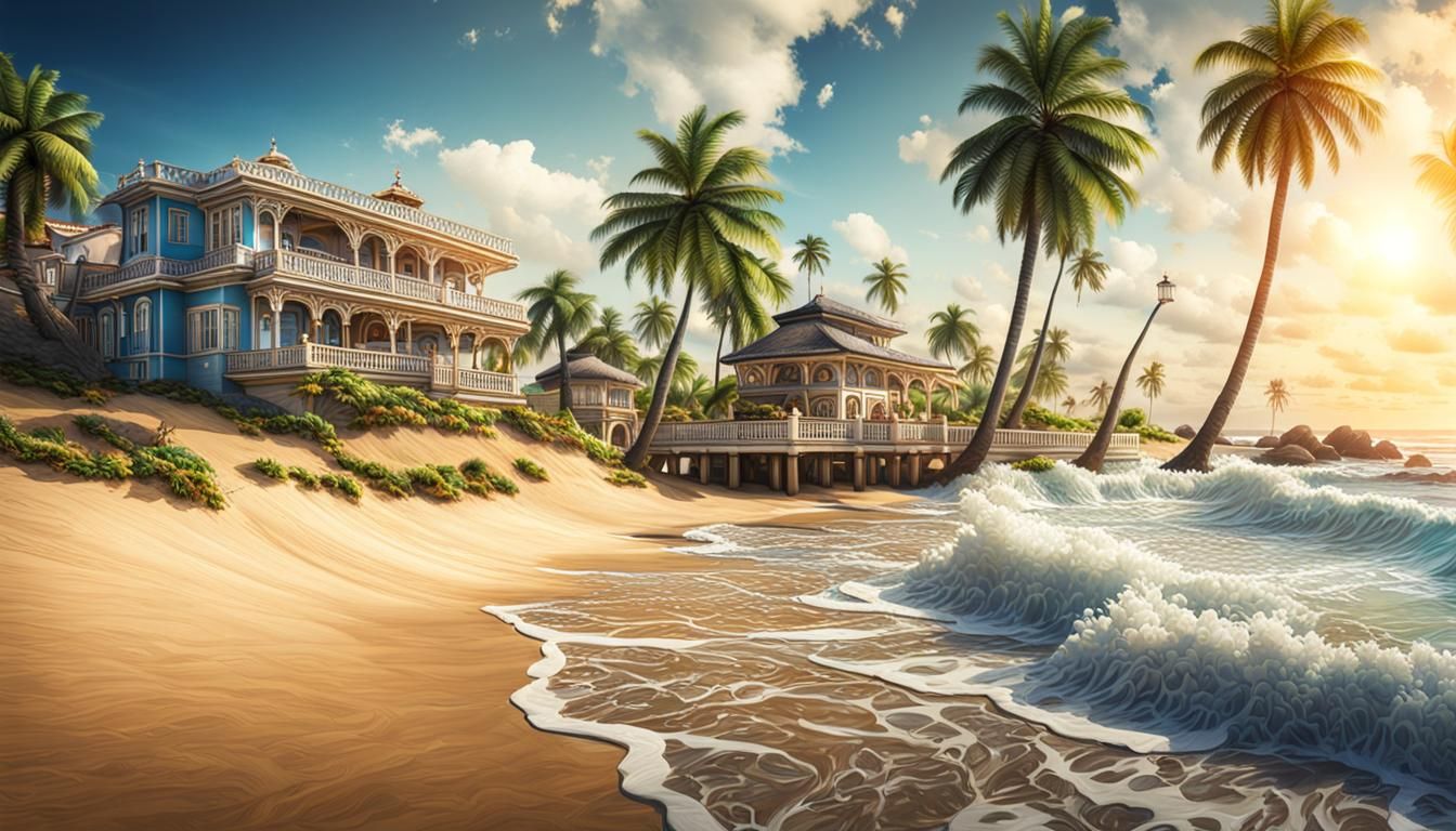 Hyperrealistic Ocean Beach Resort with Palm Trees