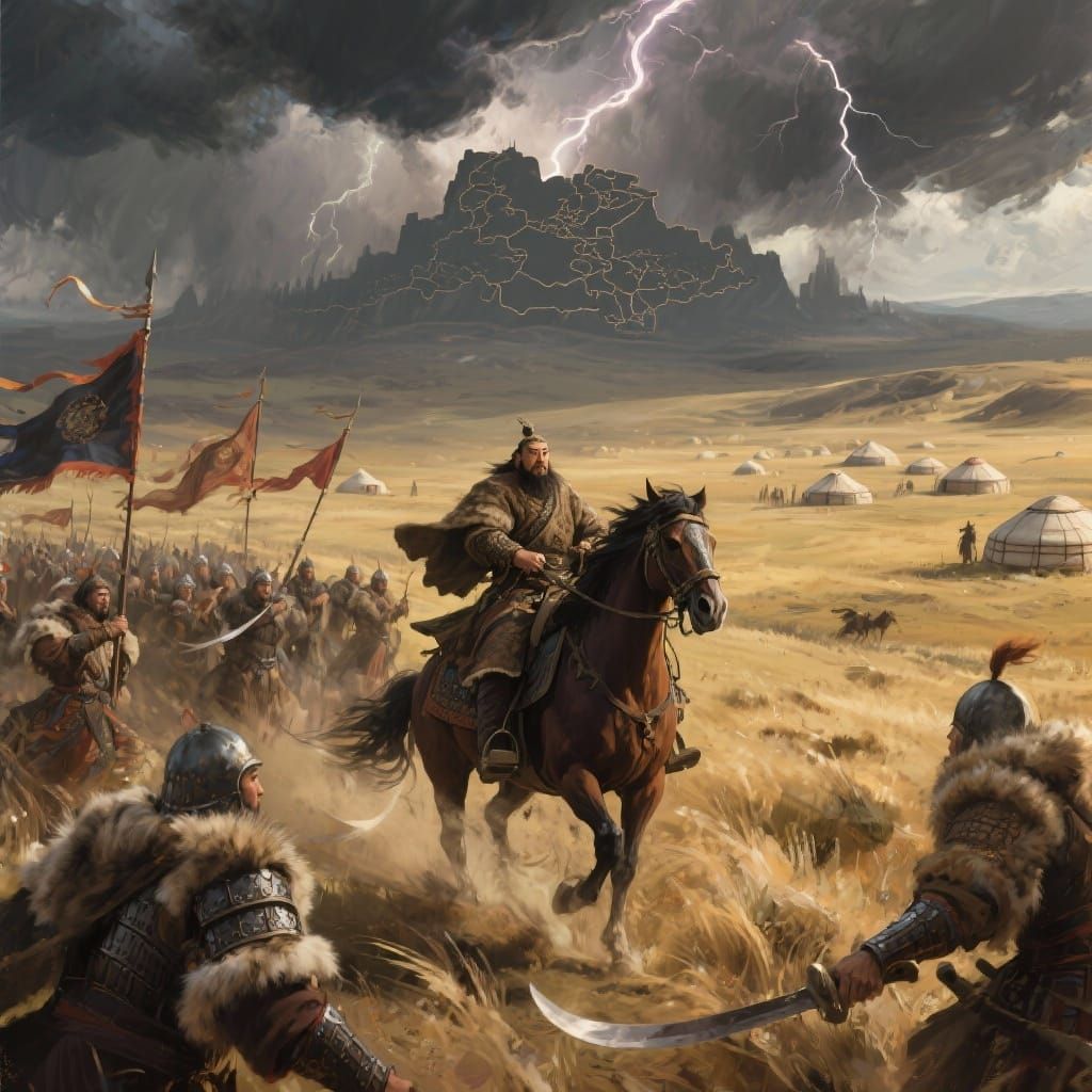 Genghis Khan on Mongolian Steppe in Dramatic Oil Painting St...
