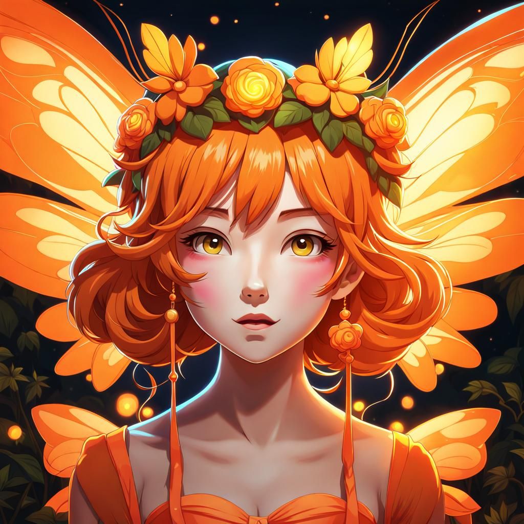 Adorable Orange Fairy Portrait in Cel-Shaded Style