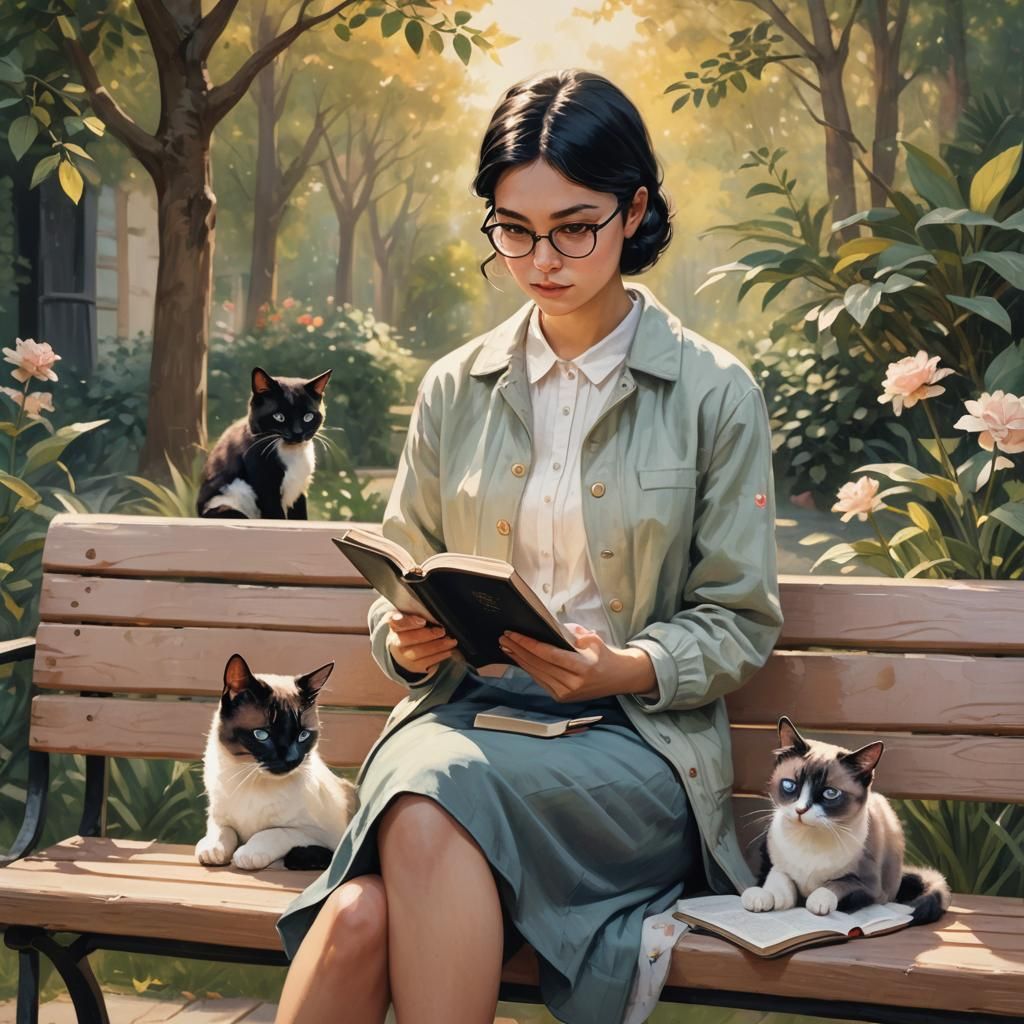 Woman Reading with Siamese Cat in Dreamy Style