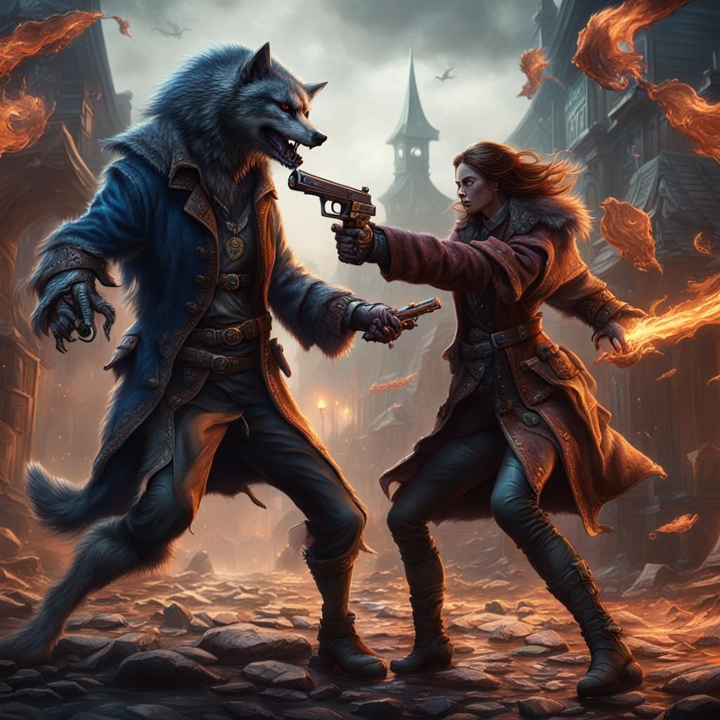 Werewolf Pistol Duel in Fantasy Concept Art