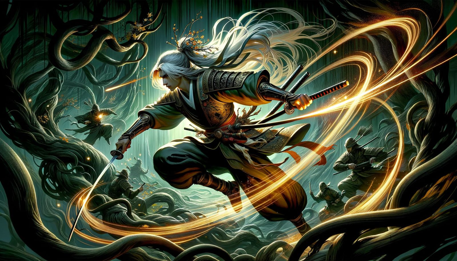 Noble Samurai Slaying Vines in Wild Landscape