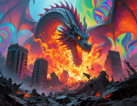 Dragon Engulfed in Flames Destroys City in Sci-Fi Style