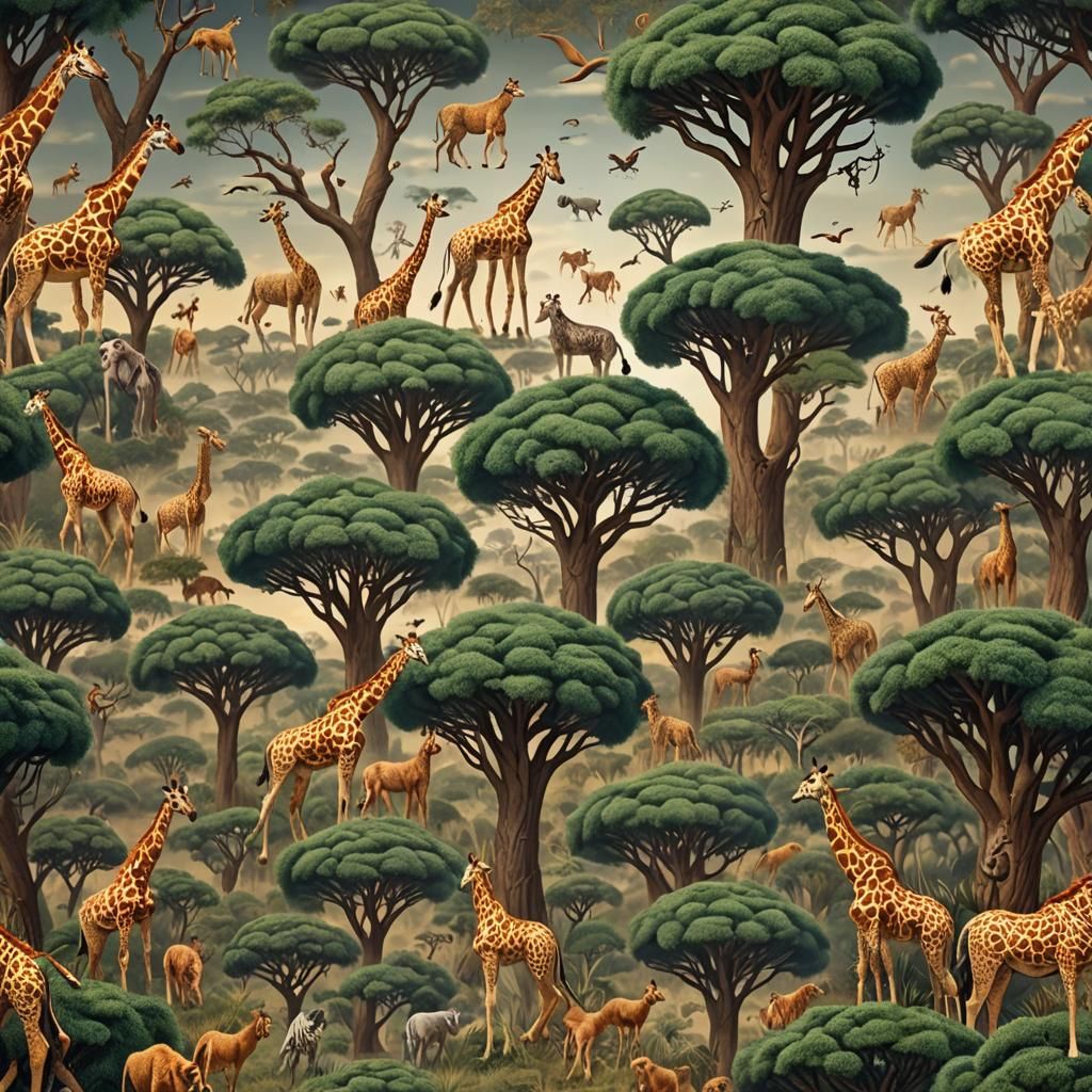 Wallpaper Pattern: Tiny Animals and Baobab Trees