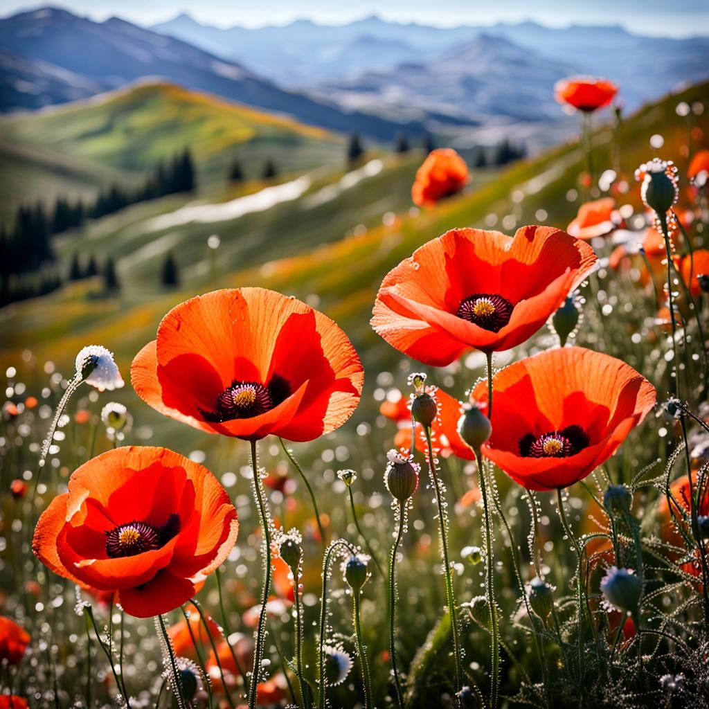 Vibrant Poppies with Dewdrops: Nature Photography