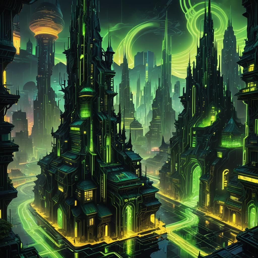Neon-Lit Futuristic Cityscape in Vibrant Digital Art