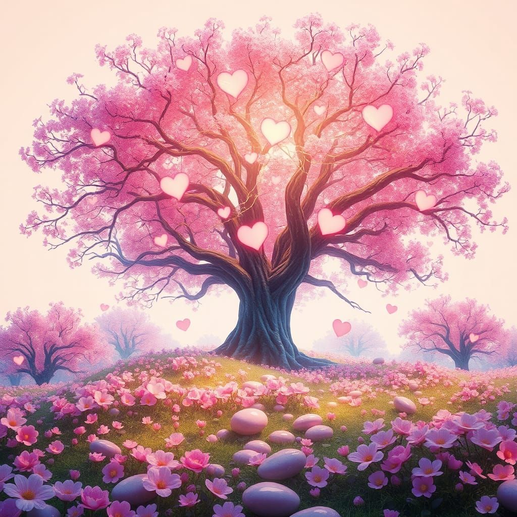 Radiant Neon Tree in Spring Dreamscape, Pixar Style