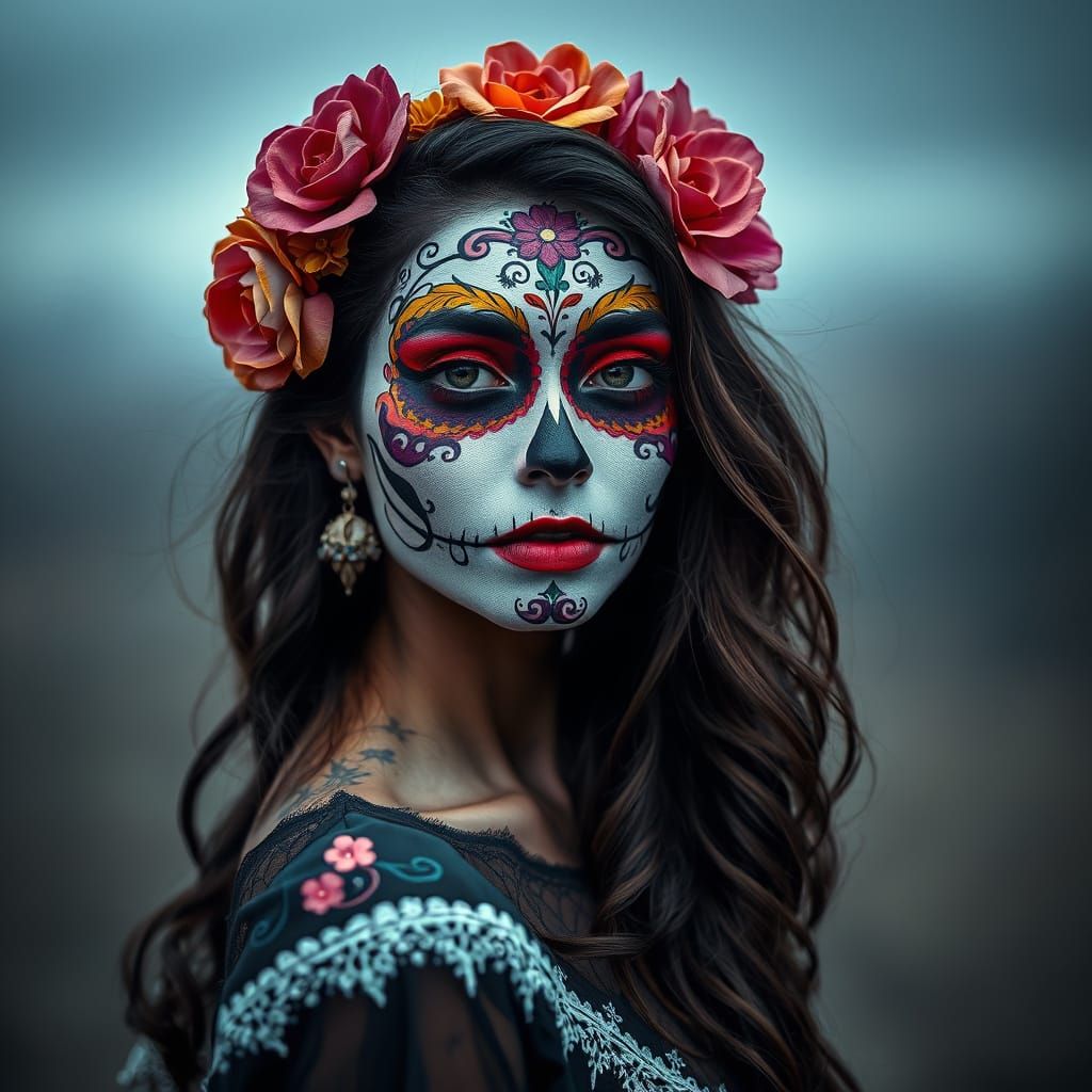 Vibrant Día de los Muertos Portrait in Hyperrealistic Style