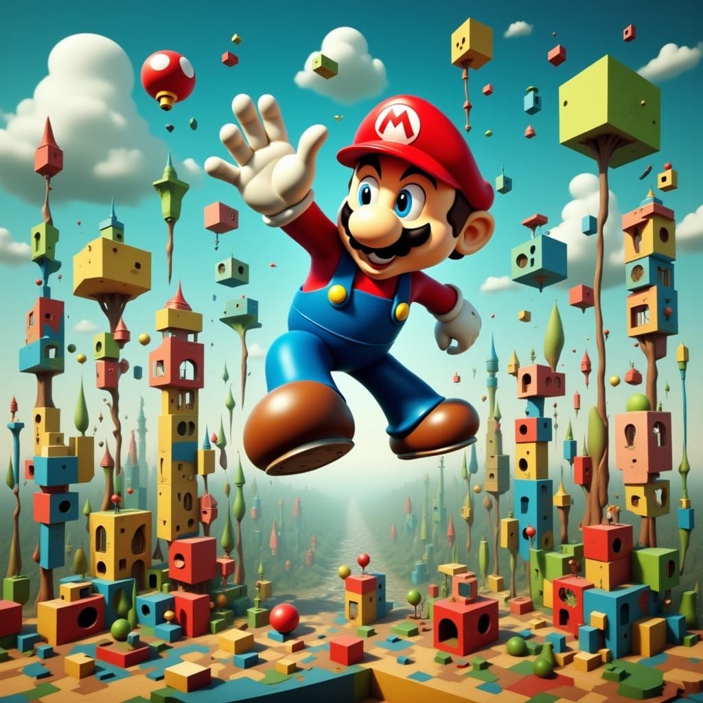 A 3D Rendered Super Mario in a Tetris Brick Landscape