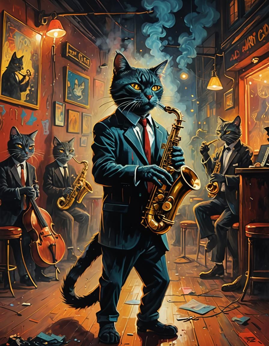 A cat playing a saxophone in a smoky jazz club.