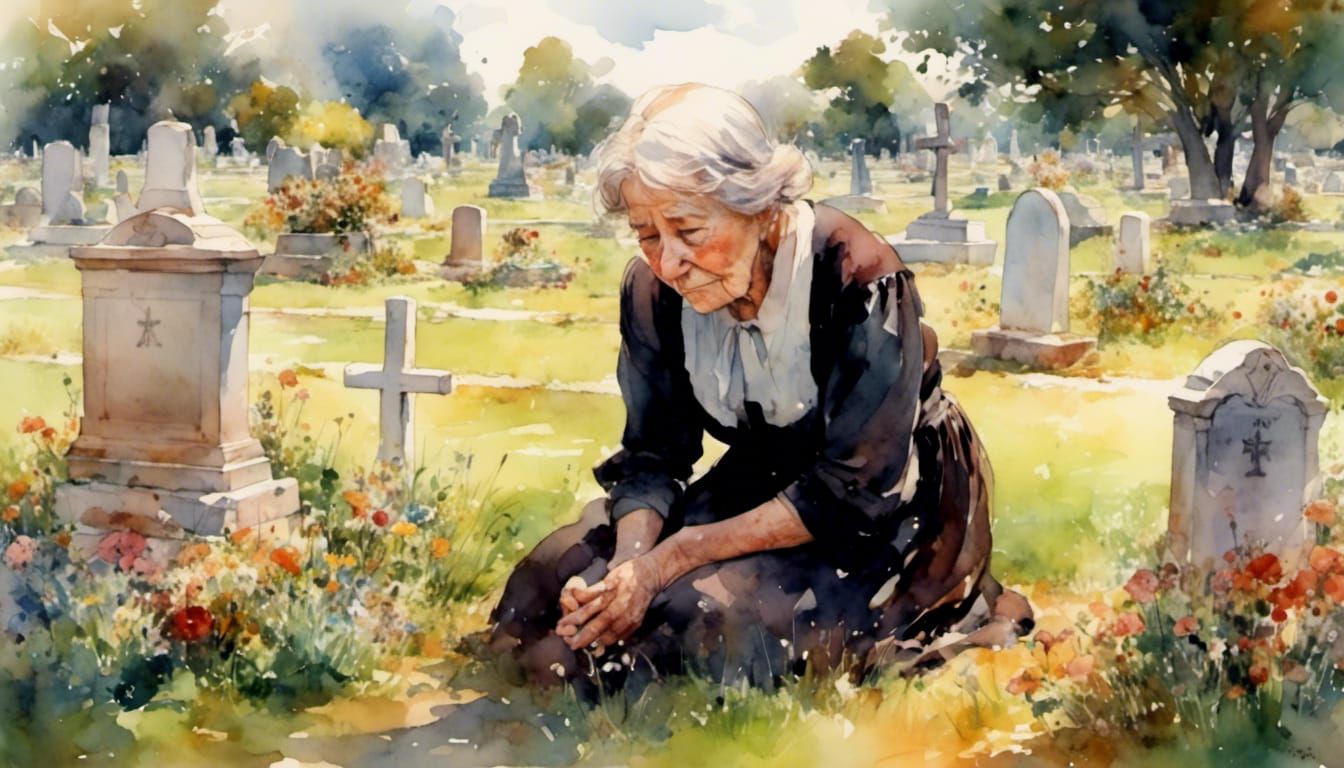 Watercolor Image of an Old Woman Crying