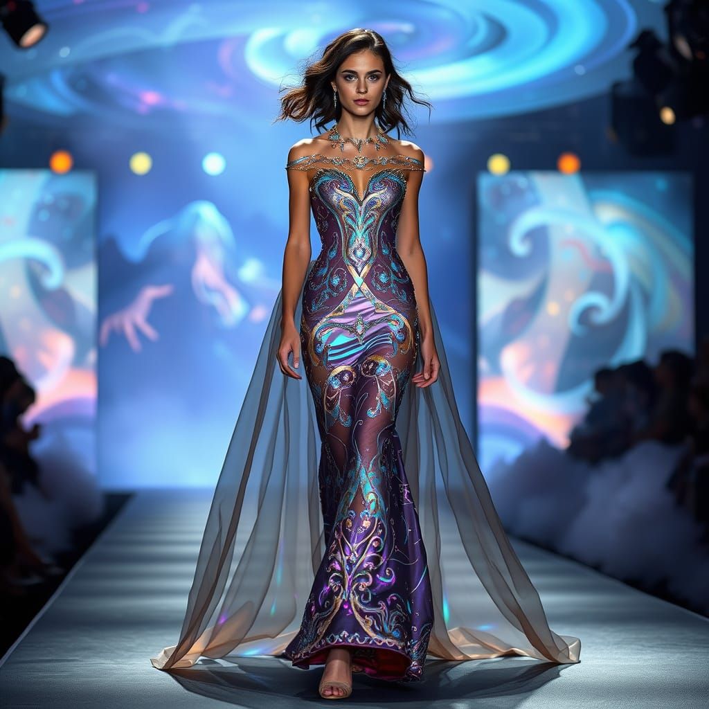 Ethereal Supermodel Shines in Futuristic Evening Gown
