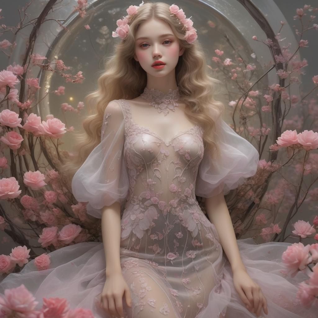 Elegant Woman in See-Through Dress with Pearl Necklace