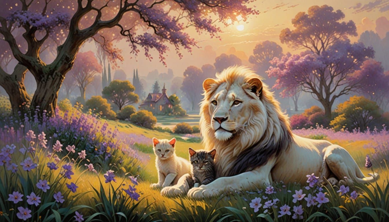 Ethereal Open Landscape with White Lion and Kittens in Vibra...