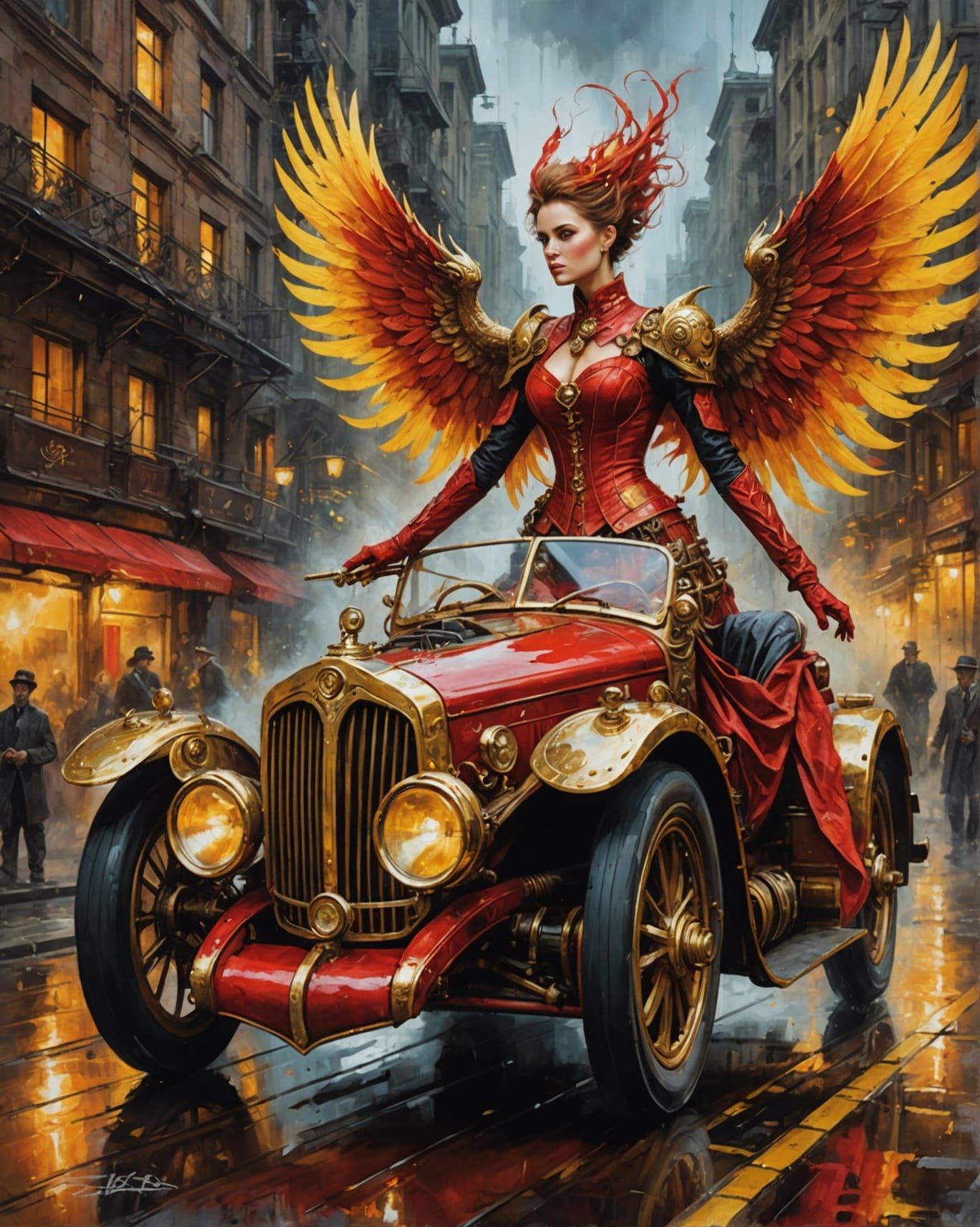 Steampunk Phoenix in Red Dress Driving Car