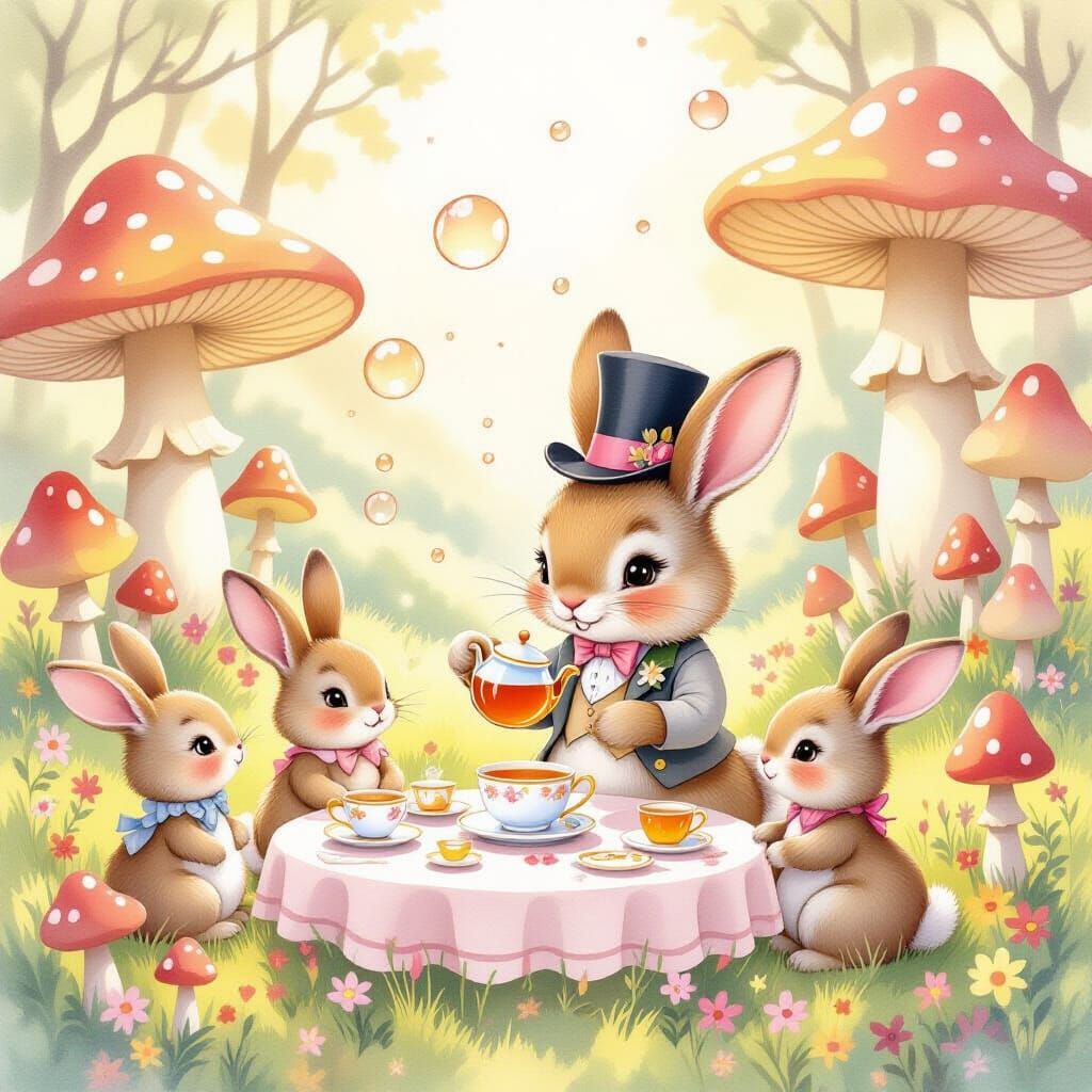 Whimsical Tea Party with Bunny in Watercolor Style