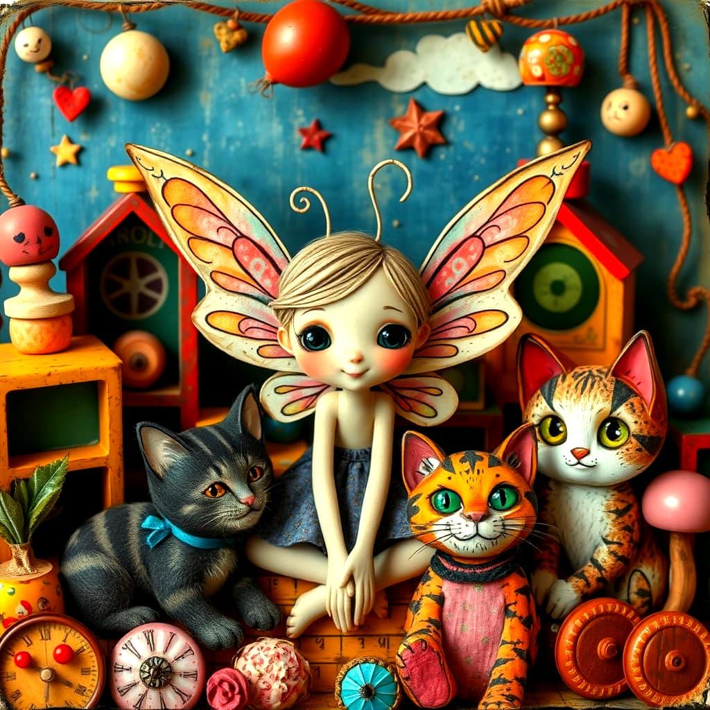 Whimsical Fairy with Feline Friends in Folk Art Collage