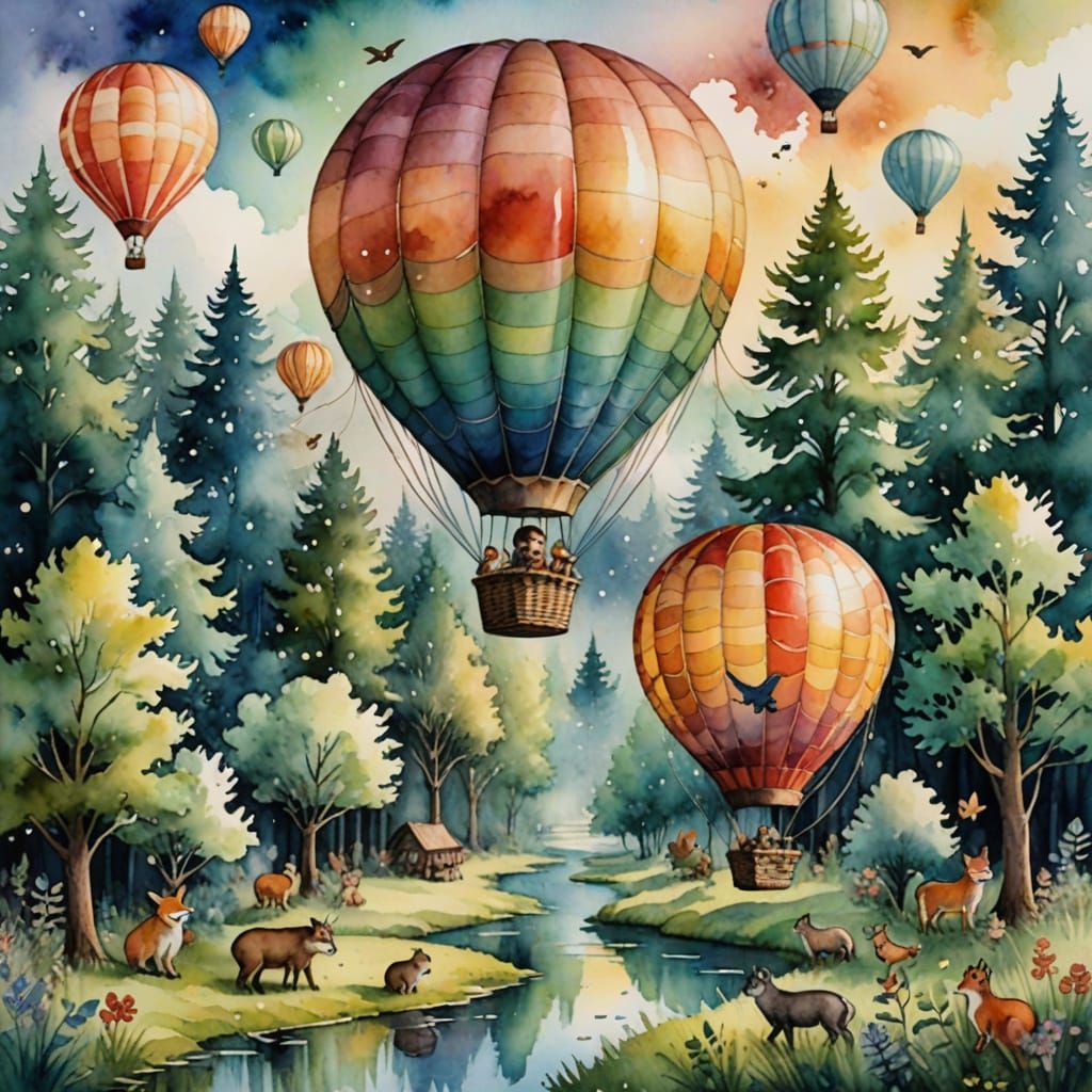 Ethereal Watercolor Hot Air Balloon with Woodland Creatures