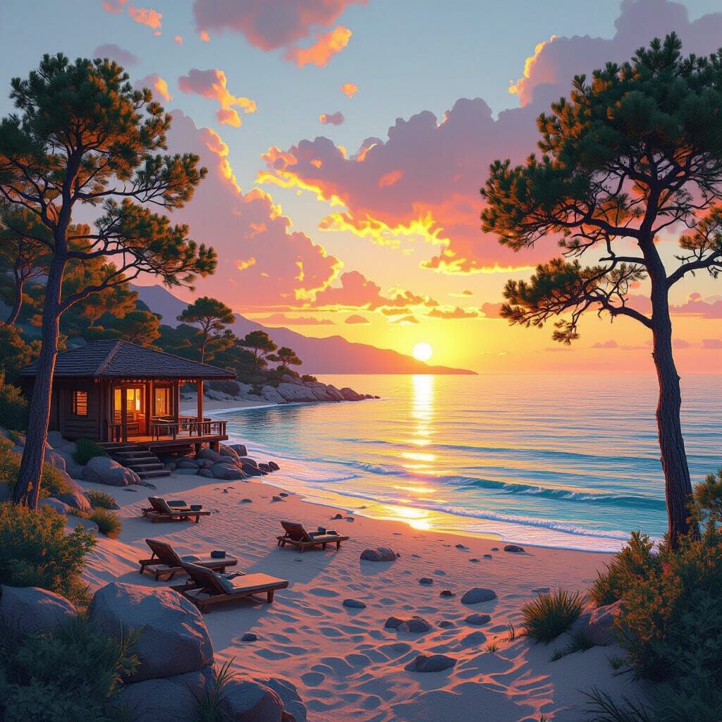 Mediterranean Sunset Beach Scene in Detailed Matte Style
