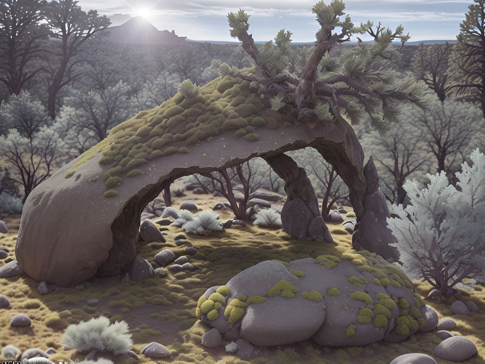Moss-Covered Dolmen in Oregon Desert at Sunrise