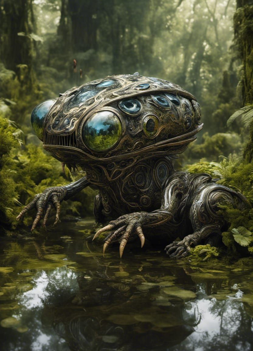 Liquid Metal Alien in Swamp: Digital Art Masterpiece