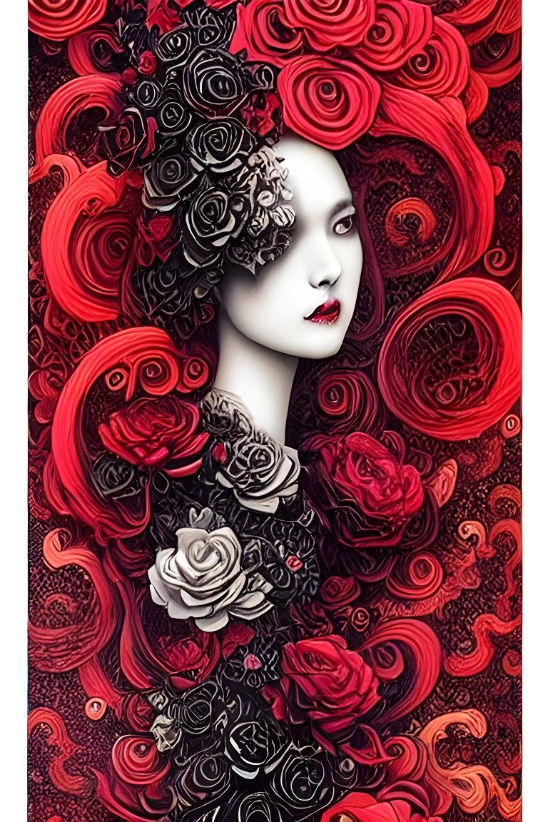 Cascading Black Roses Ink Illustration with Red Droplets