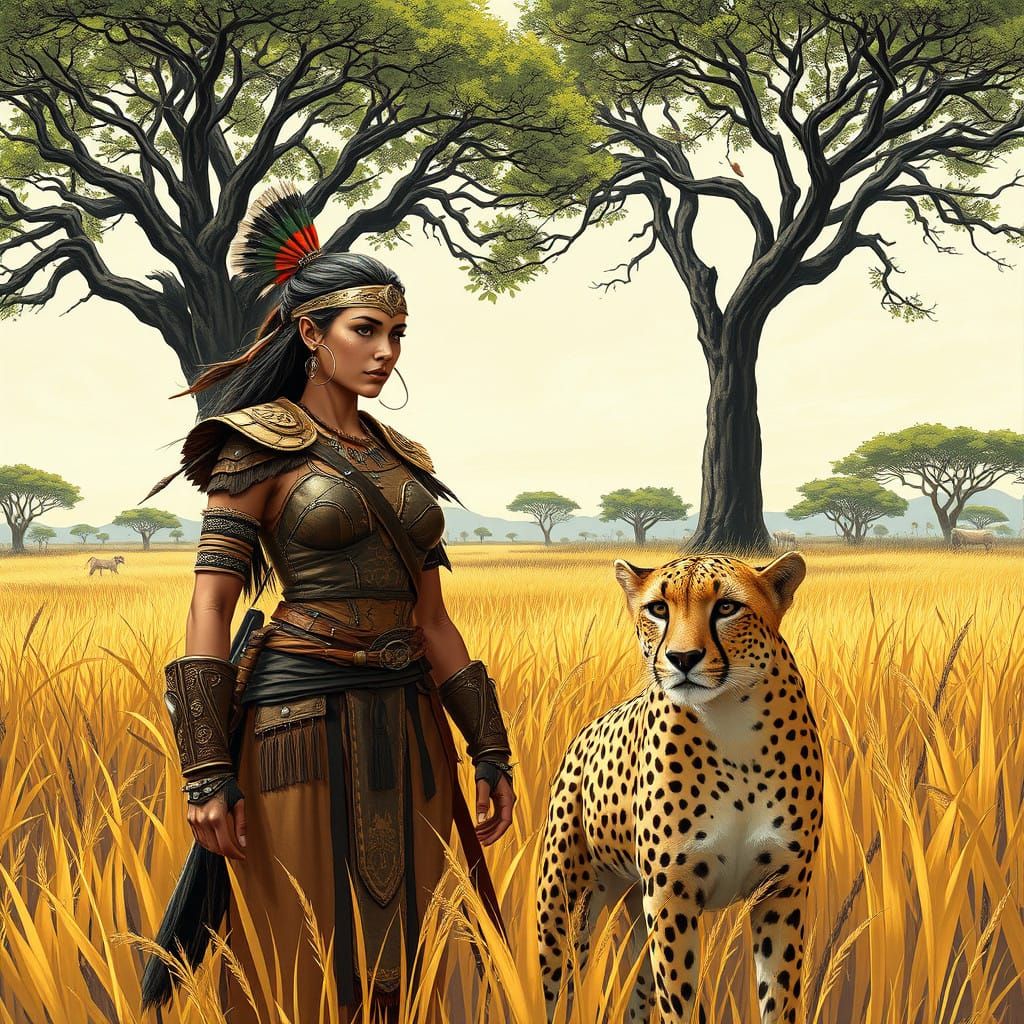 Vibrant Female Warrior Surrounded by Savannah Wildlife in a...
