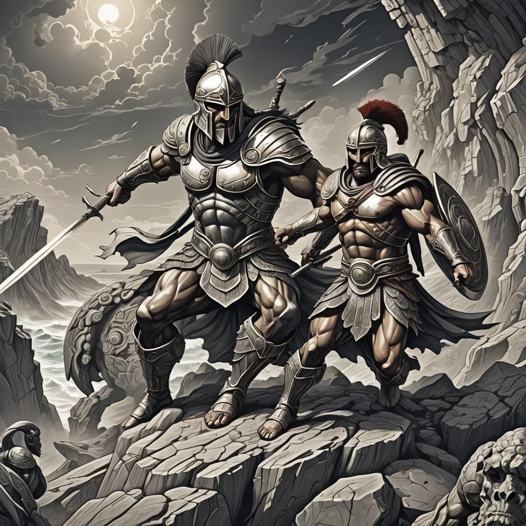 Spartan Warrior Battles Persian on Cliff