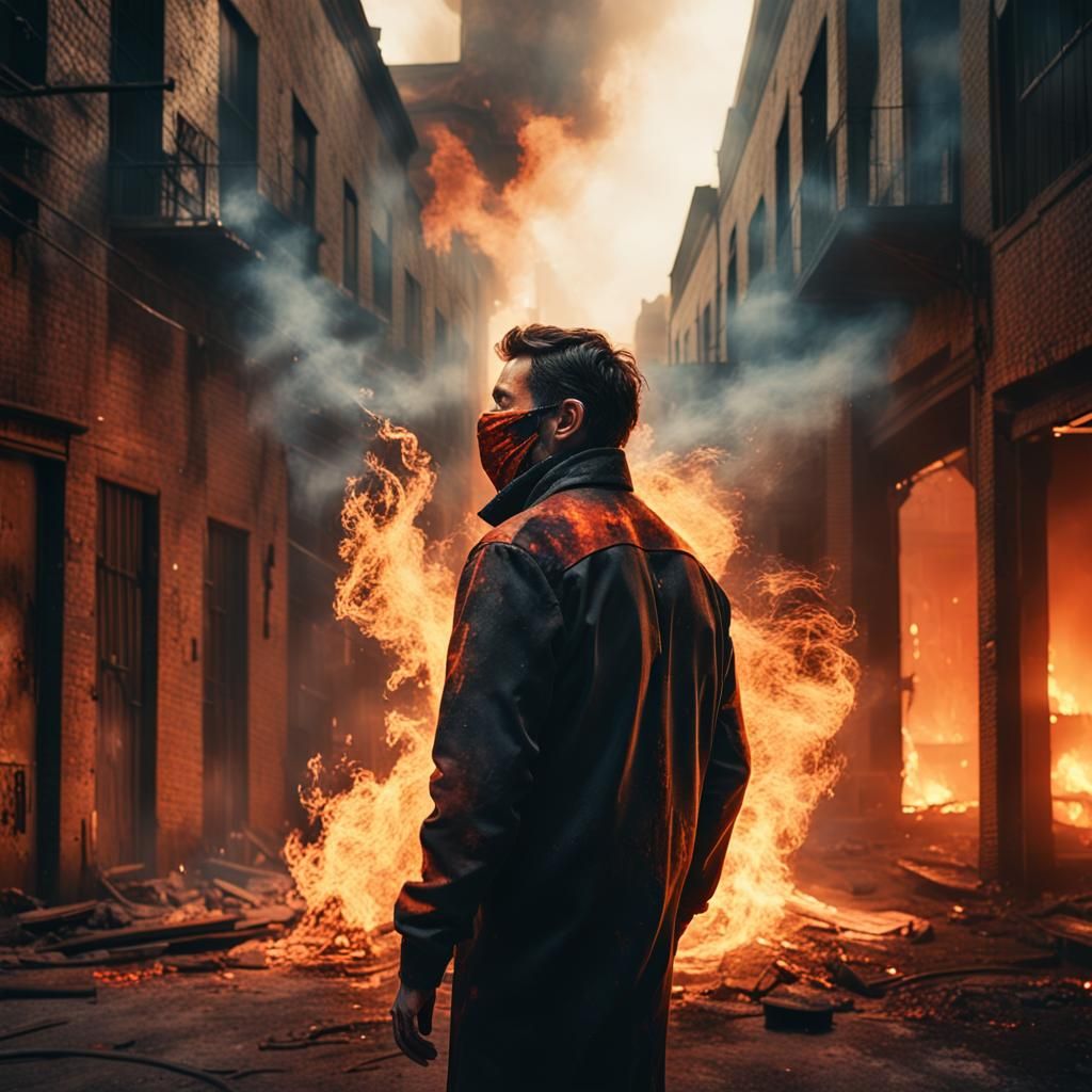 Ember-Covered Figure in Smoky Alleyway
