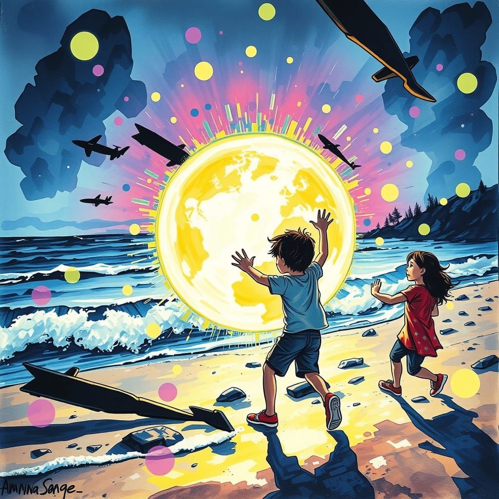 Vibrant Coastal Ball Play in Hyperdetailed Ink Drawing Style