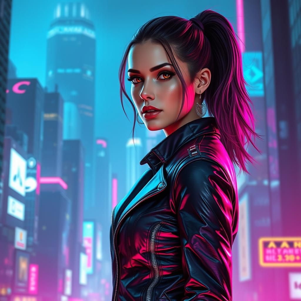 Futuristic Heroine in Cyberpunk Cityscape