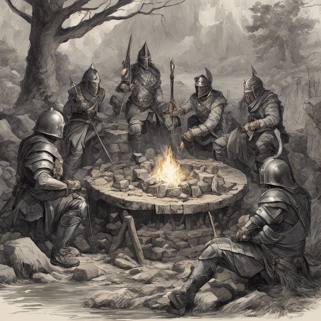 Dark Fantasy Knights Gather Around Campfire