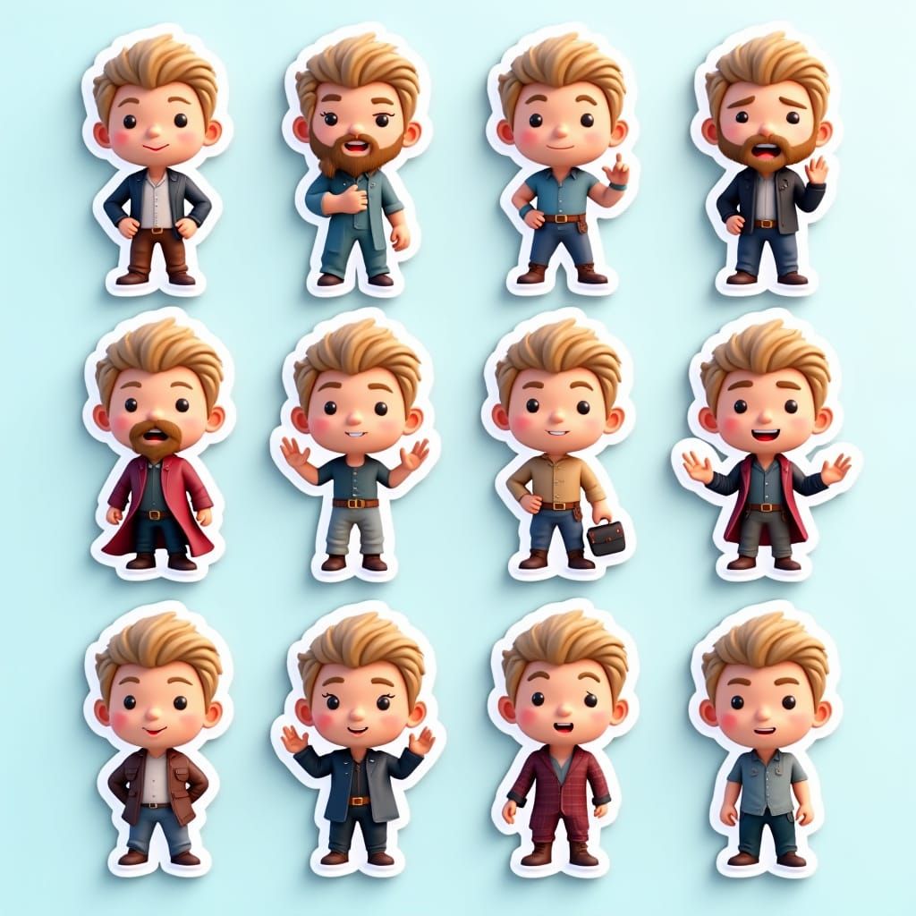 Nine Kawaii Chibi Stickers in 3D Style